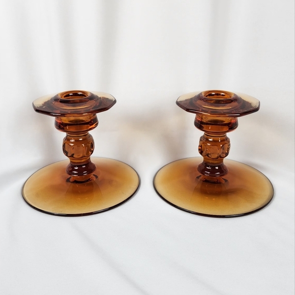 Vintage Cambridge Glass #627 Candleholders Candle Sticks, Amber Cleo - Picture 1 of 9
